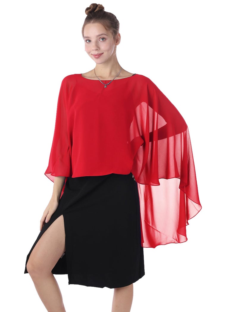 Baoqiya Chiffon Capes Sheer Capelets Bridal Shawls And Wraps Cape Long Plus Size Poncho Cape For Women (Red) - Image 2